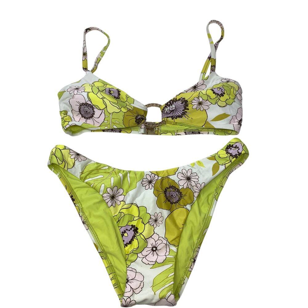 Seafolly Bikini Set Womens US 6 Green Floral Ring Detail Triangle NEW